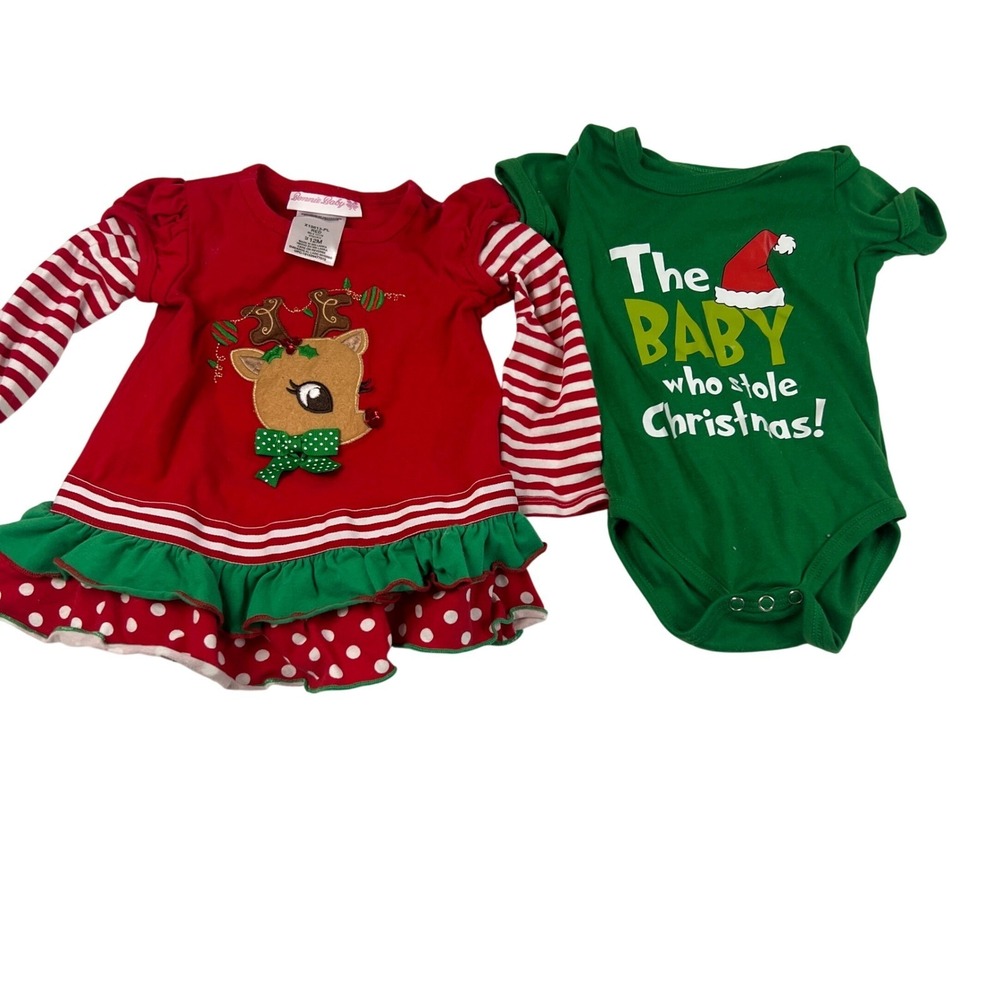 Bonnie Baby Reindeer Dress & The Baby Who Stole Christmas Bodysuit Set 12M Red